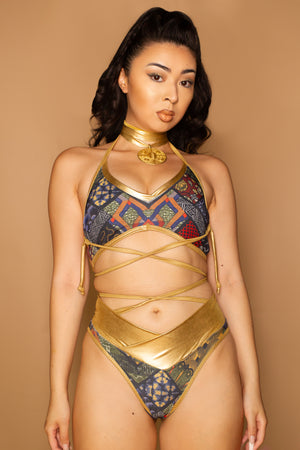 Deity Gold Strapped Art Deco Swimsuit