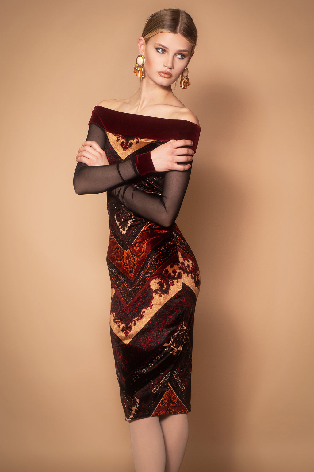 Anouk Velvet & Mesh Off Shoulder Dress