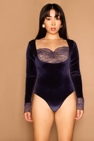 Charmaine Navy Velvet & Lace Bust Bodysuit
