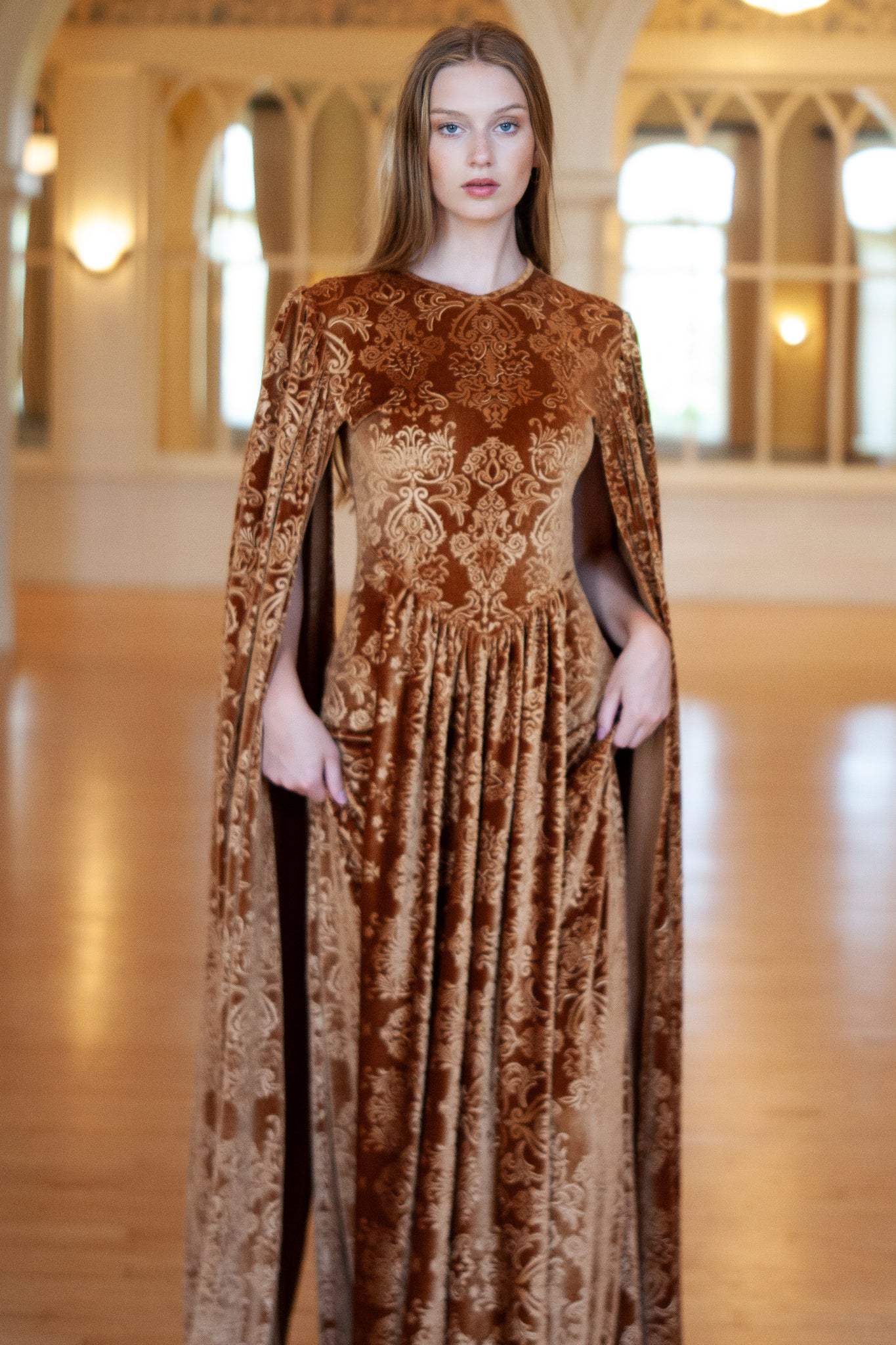 Arabella Embossed Bronze Velvet Gown