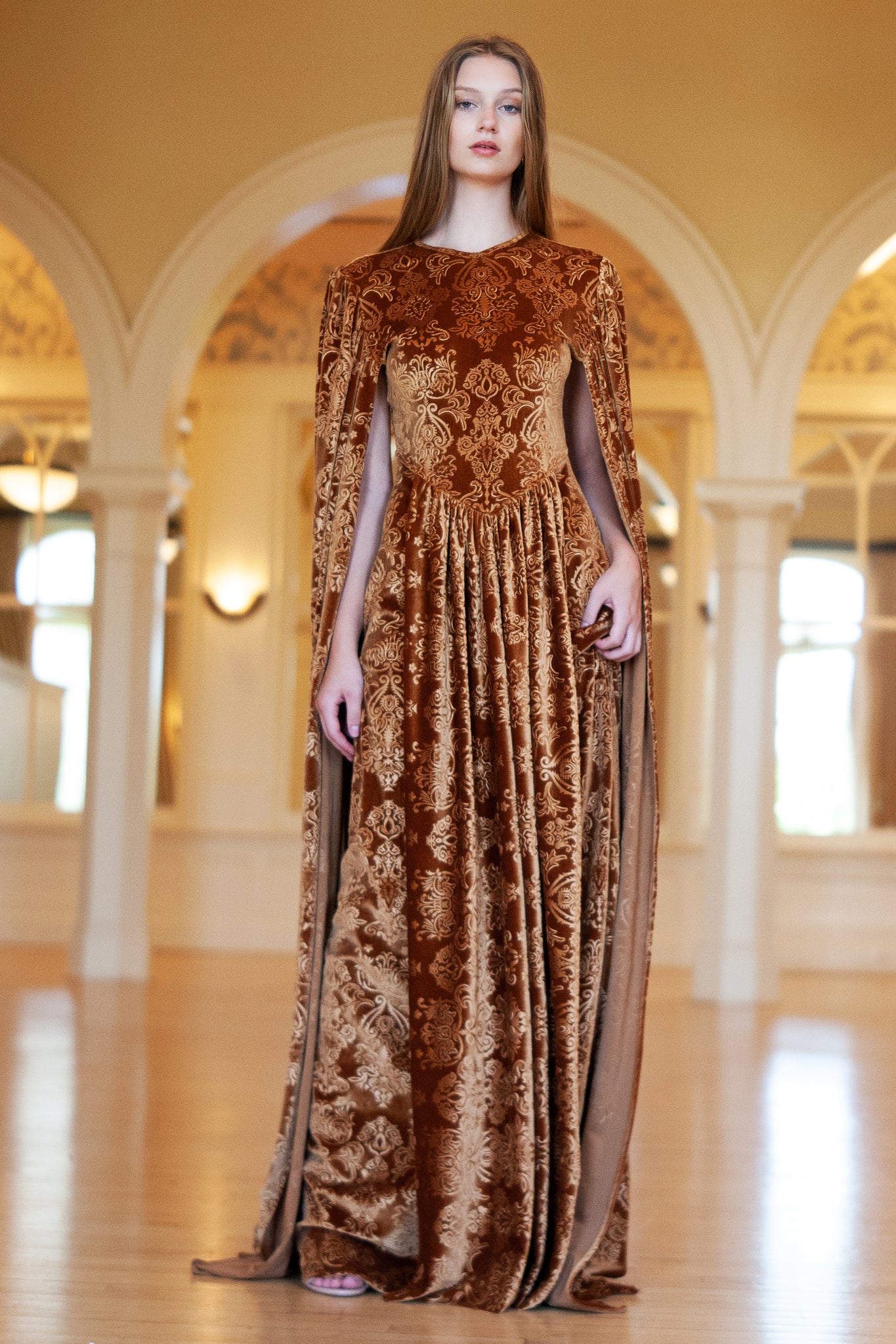 Arabella Embossed Bronze Velvet Gown