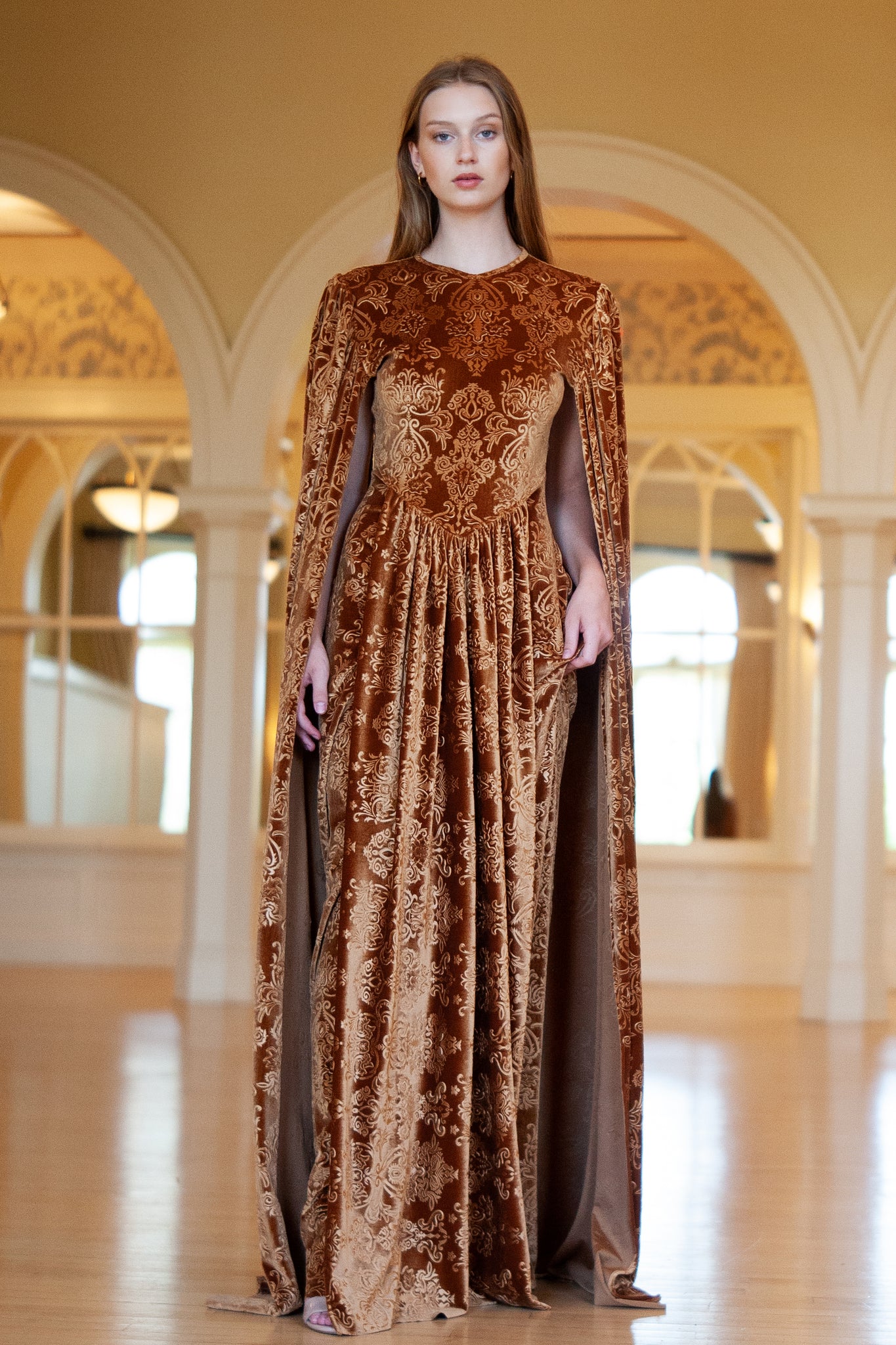 Arabella Embossed Bronze Velvet Gown