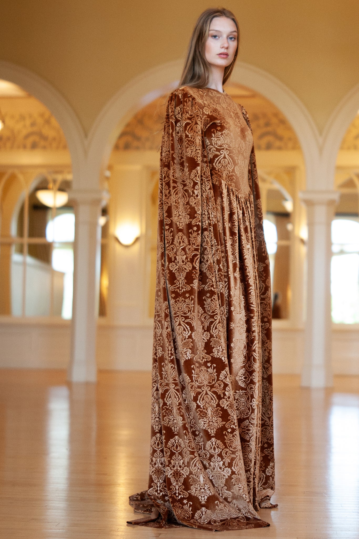 Arabella Embossed Bronze Velvet Gown